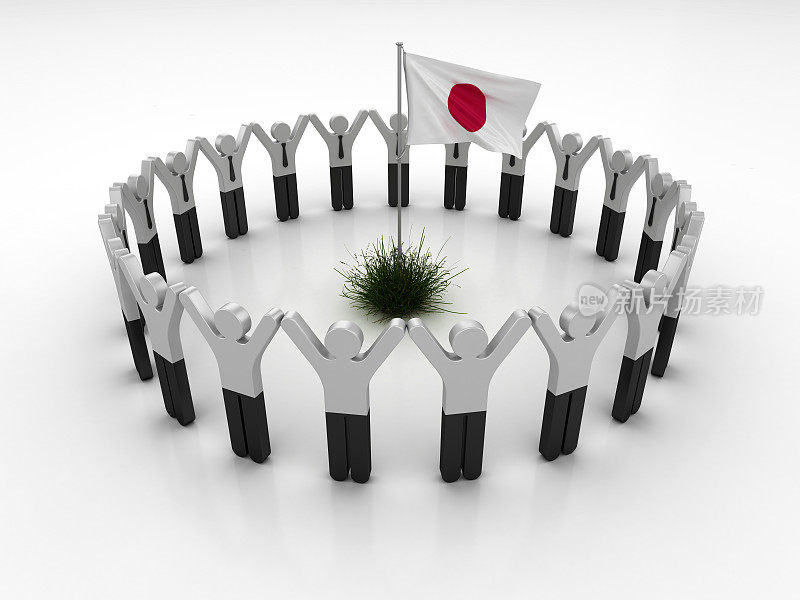 象形文字团队与日本国旗- 3D渲染